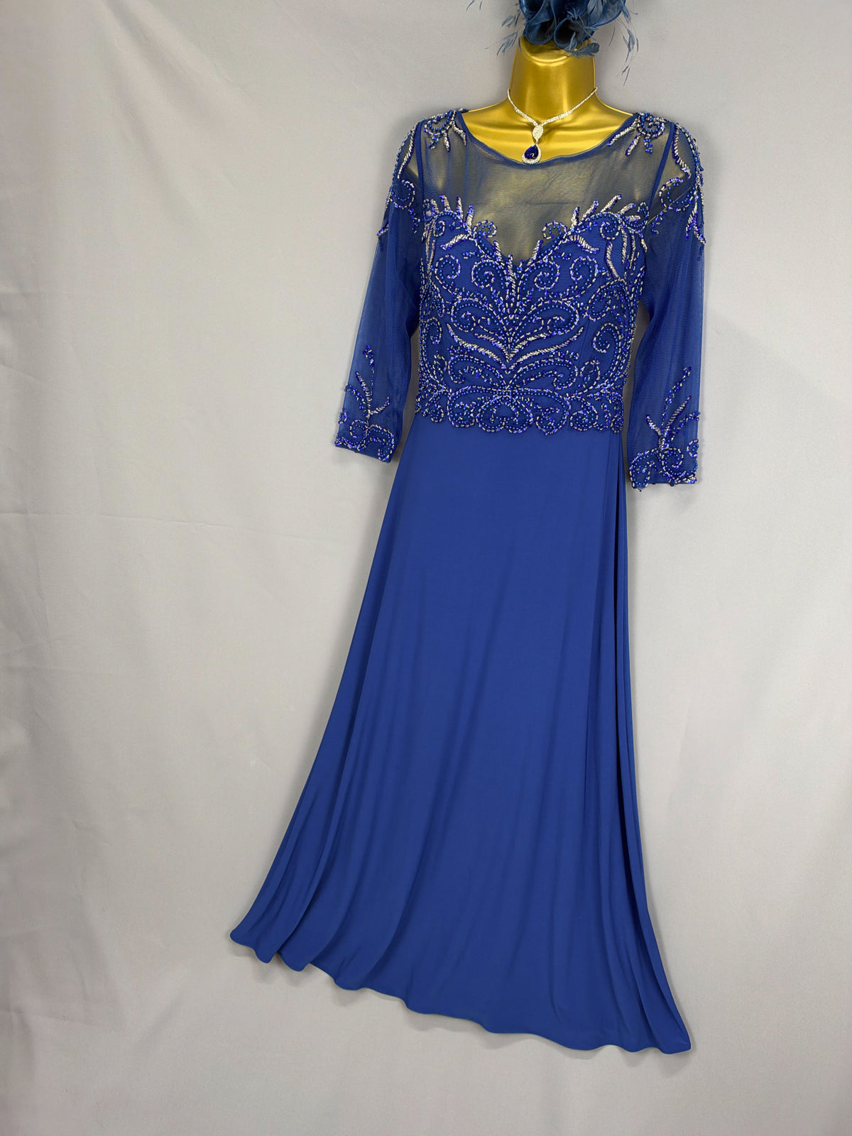 Stunning Goya London royal blue beaded floral Christmas mother of the bride/groom long dress uk 14