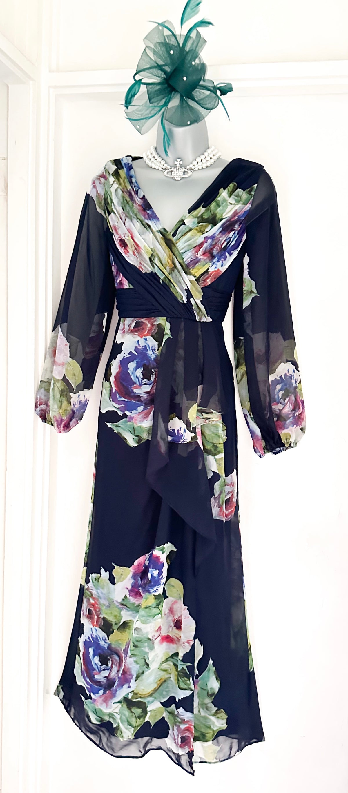 Adrianna Papell navy floral multi occasion wedding long maxi dress size 8