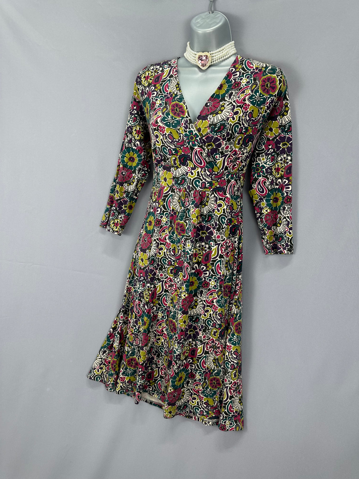 Elegant East multi print v-neck a-line 3/4 sleeve casual knee length dress uk 12