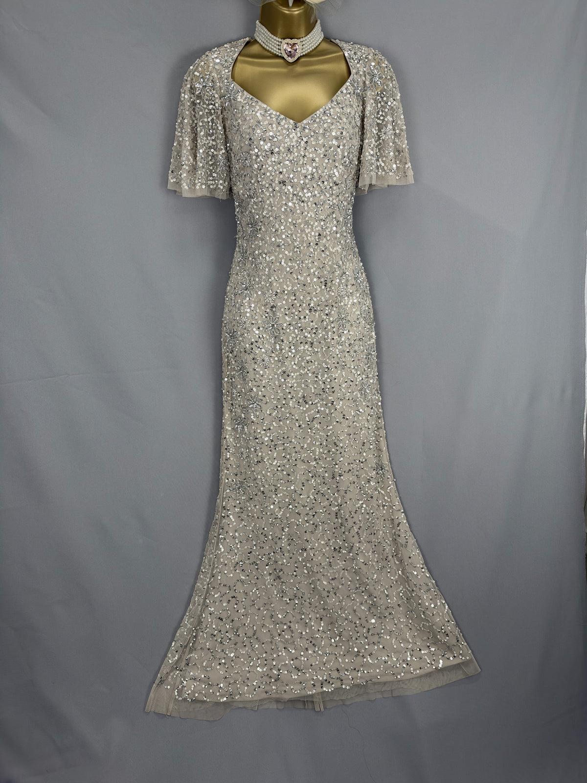 Beautiful Adrianna Papell mushroom sequin Christmas mother of the bride groom long dress uk 6-8