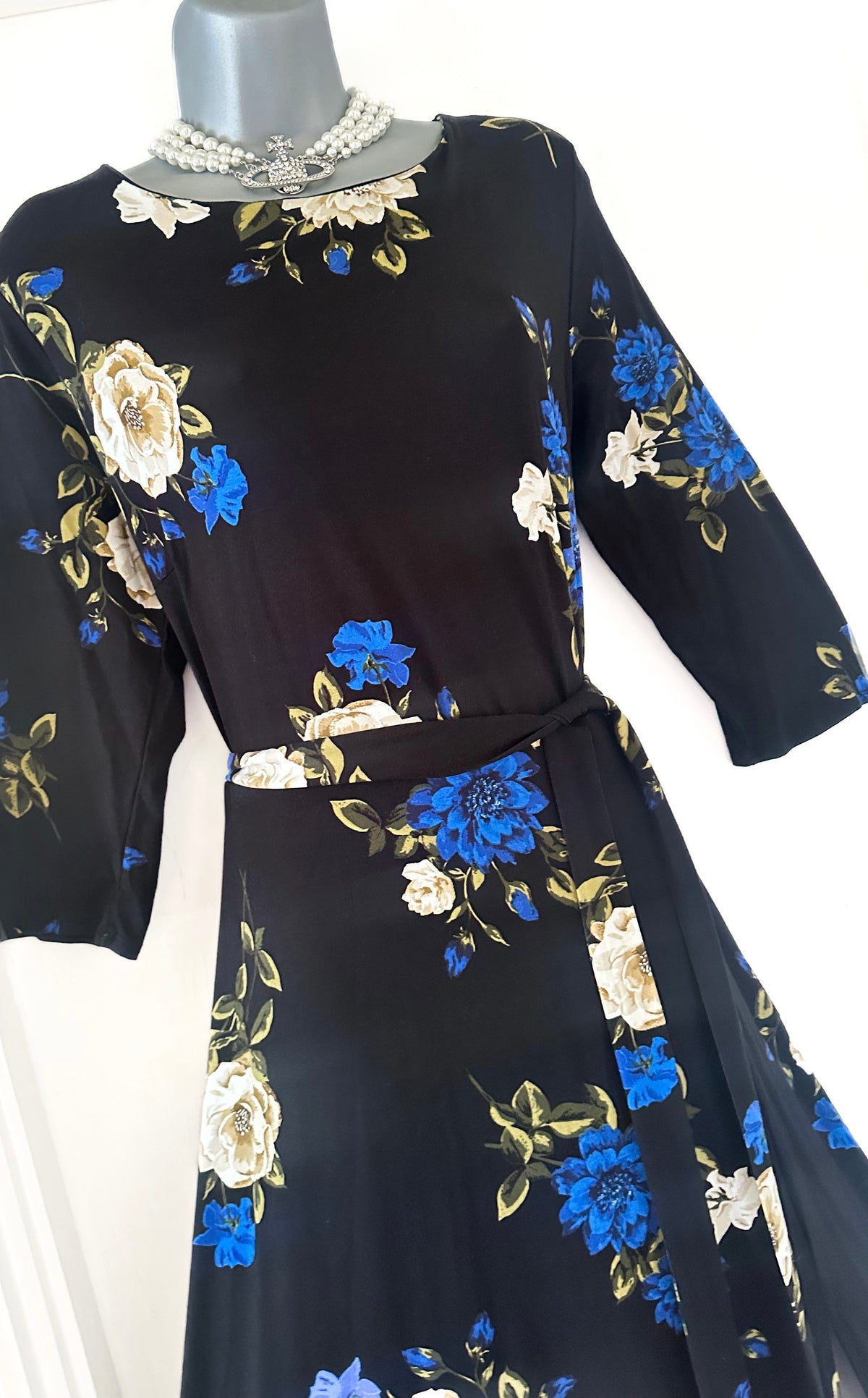 Wallis black floral belted 3/4 sleeve calf length dress size 16