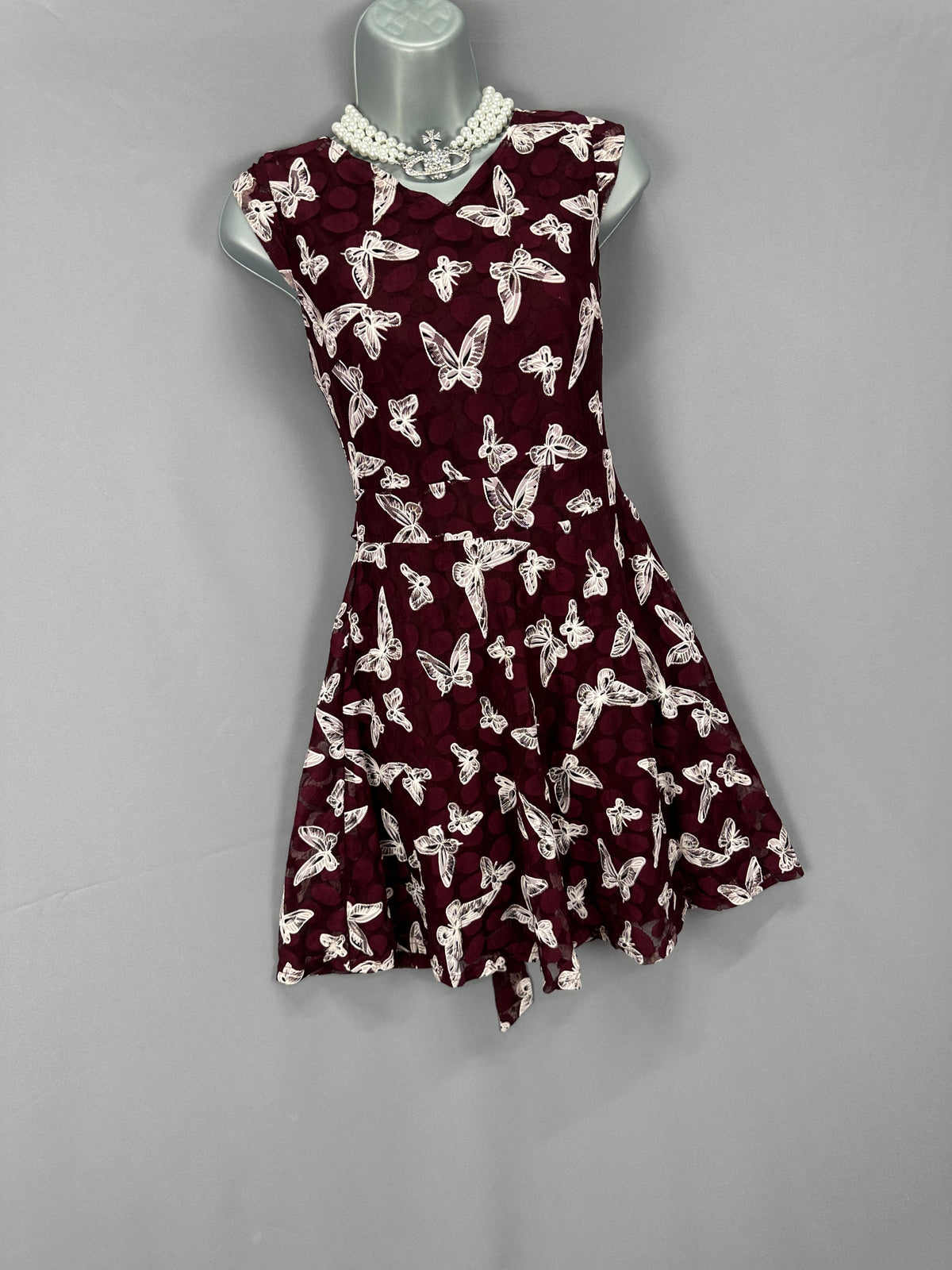 Stunning Mela London white/ burgundy netted butterfly sleeveless party a-line short dress uk 10