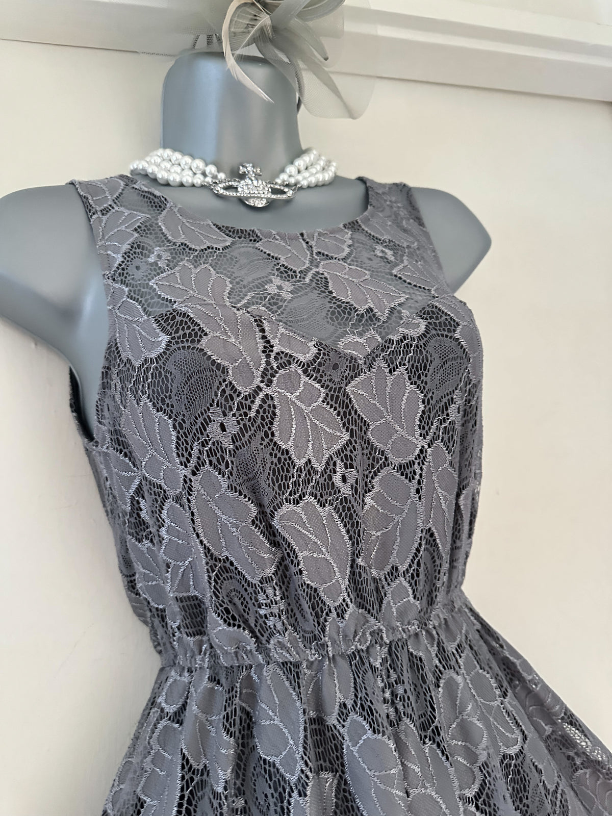 Mela London grey lace elasticated waist sleeveless a-line short occasion dress 8