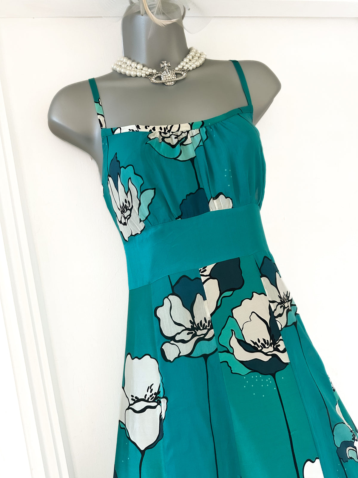 Monsoon turquoise silk floral occasion evening midi dress size 12