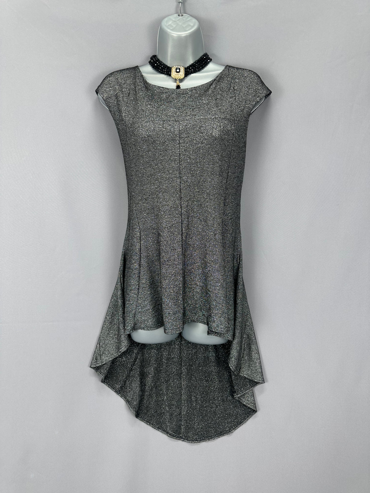Stunning Miss Selfridge silver & black metallised thread party occasion asymmetrical long top uk 16