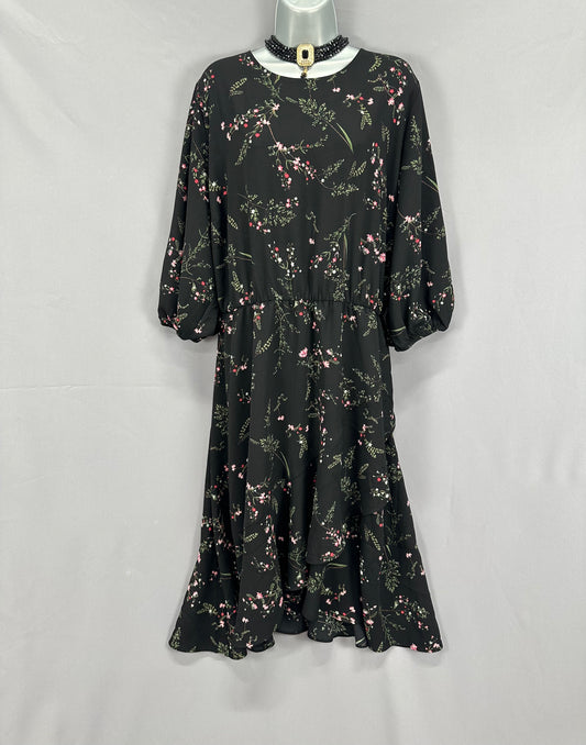 Anthology black floral elasticated waist 3/4 sleeve calf length dress size 28
