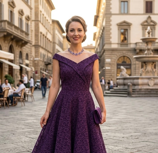 no label purple lace Bardot evening occasion a-line knee length dress M (Uk 10-12)