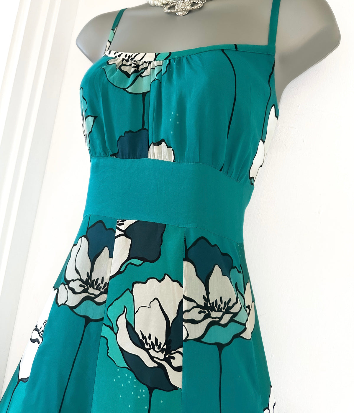 Monsoon turquoise silk floral occasion evening midi dress size 12