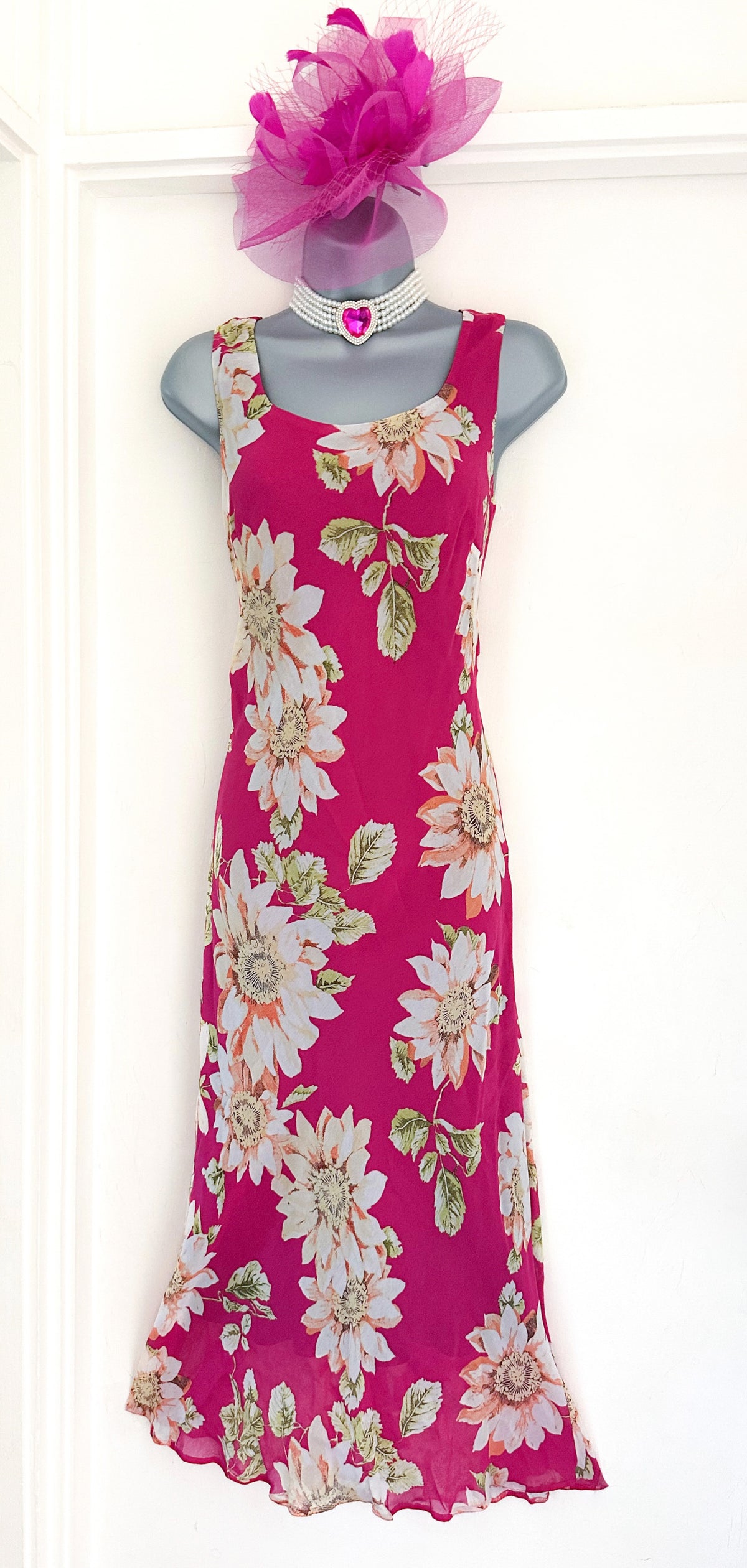 Satsuma London pink floral multi sleeveless summer holiday long maxi dress size 10