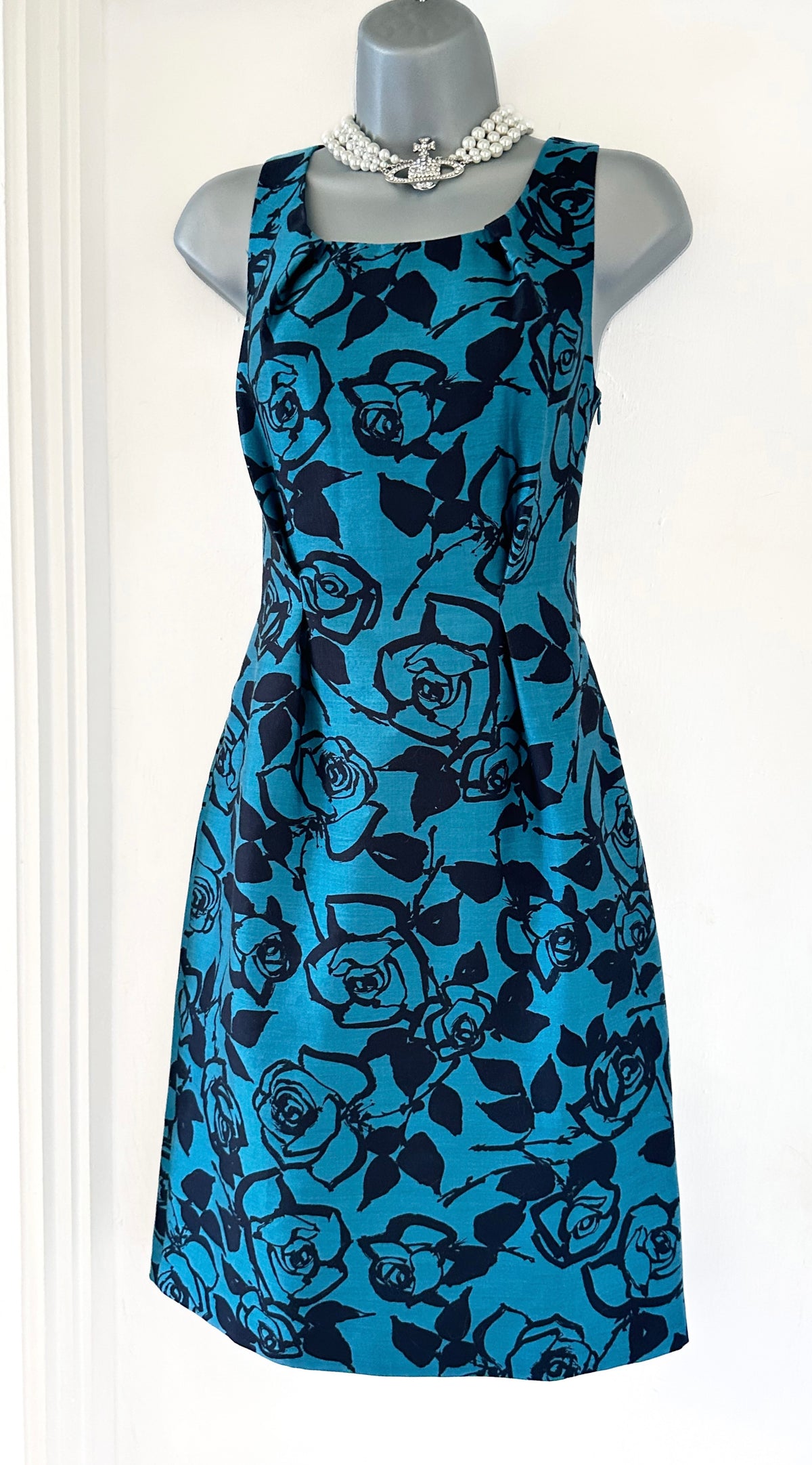 LK Bennett turquoise floral wool/silk sleeveless occasion knee length dress size 10