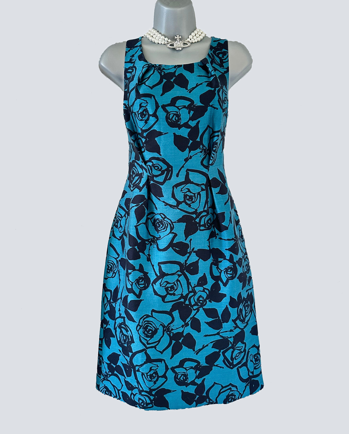 LK Bennett turquoise floral wool/silk sleeveless occasion knee length dress size 10