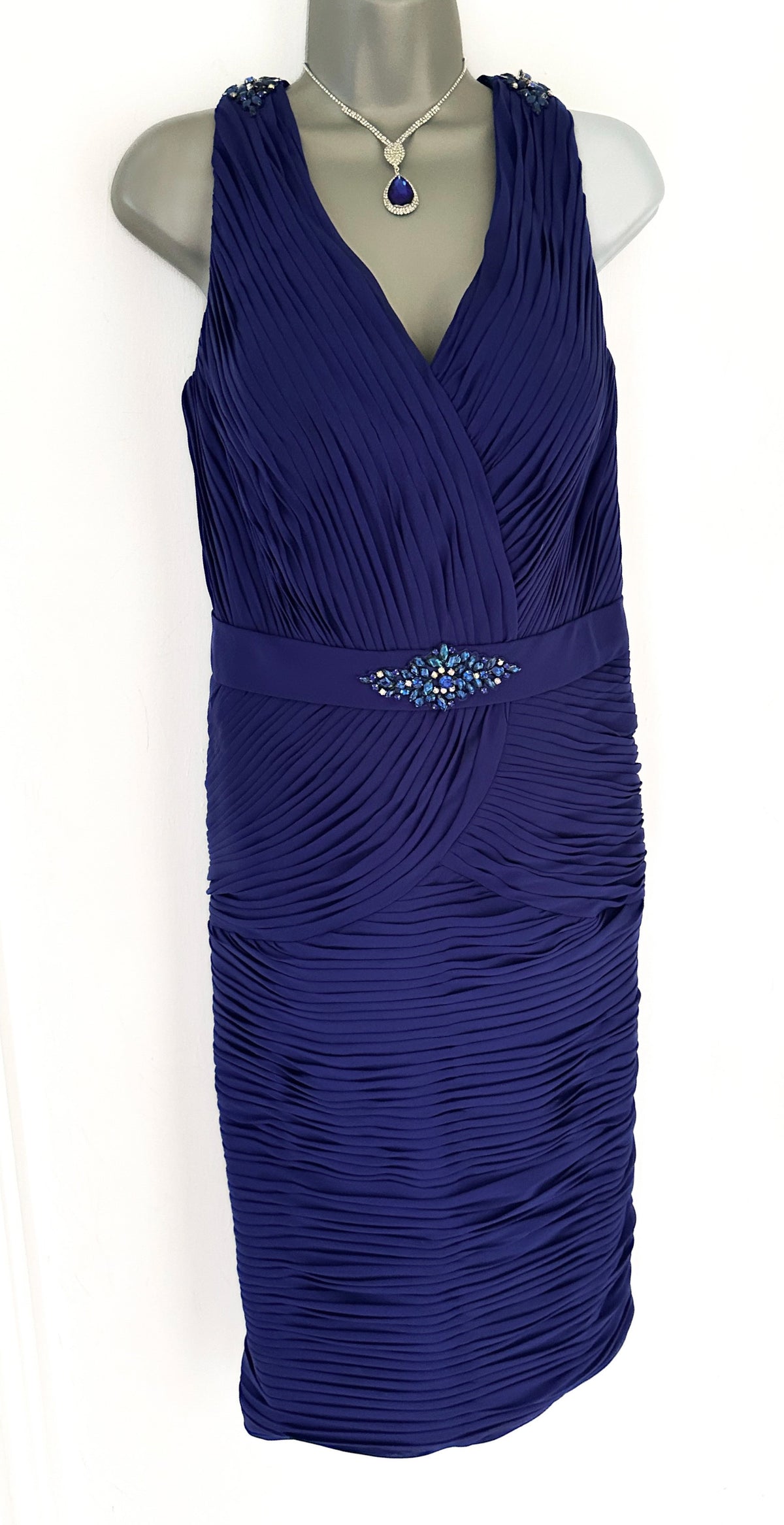 Veni Infantino pleated style jewel midnight blue detail occasion wedding midi dress size 16