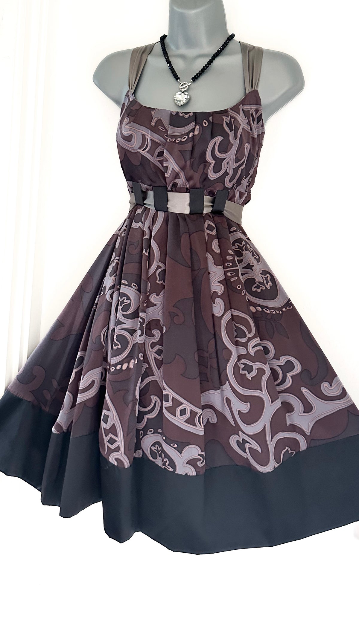 Mink Bikini 100% silk grey/brown printed belted occasion knee length dress  12