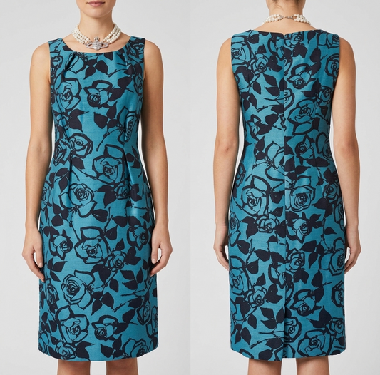 LK Bennett turquoise floral wool/silk sleeveless occasion knee length dress size 10