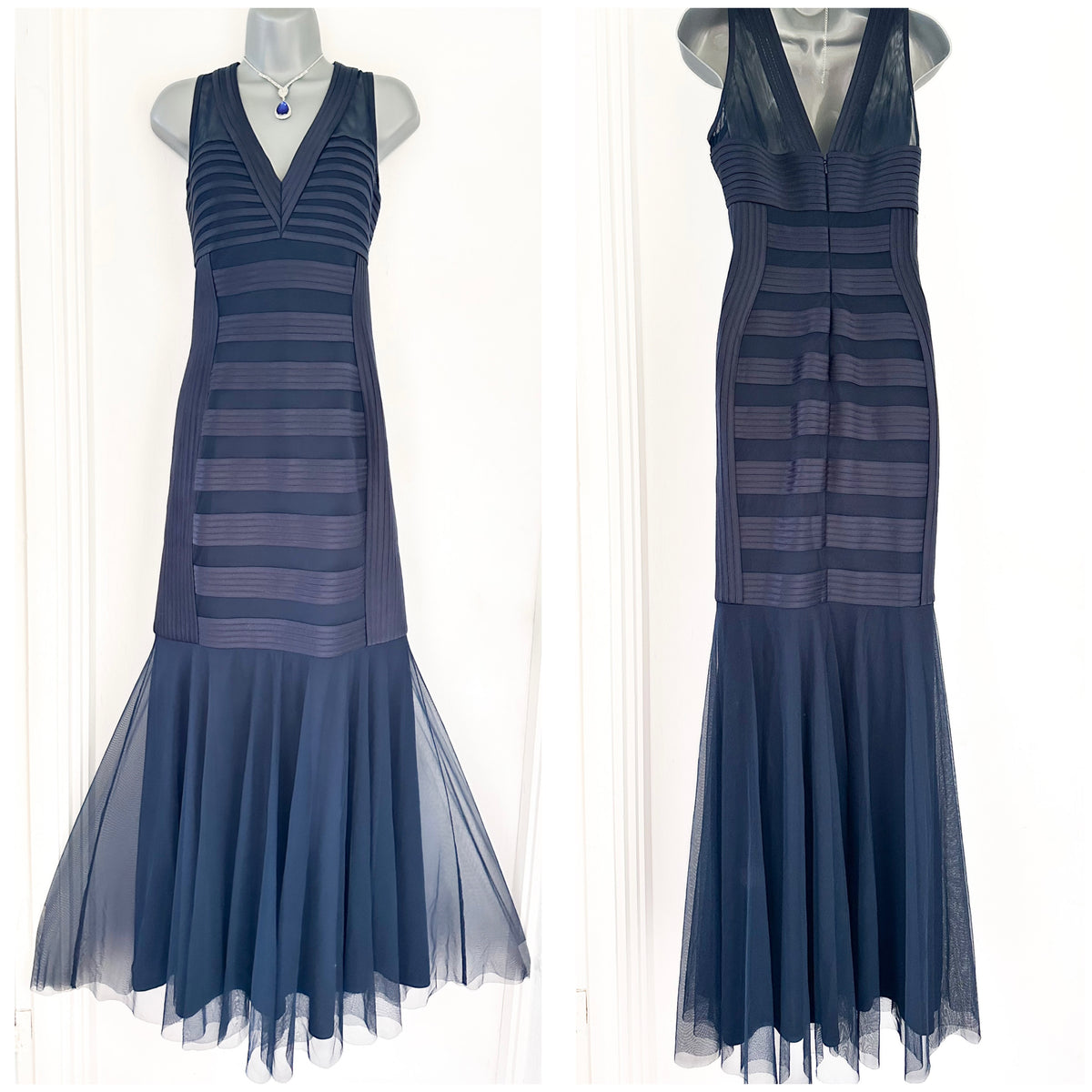 JS Collections navy v-neck evening occasion very long maxi dress size 14