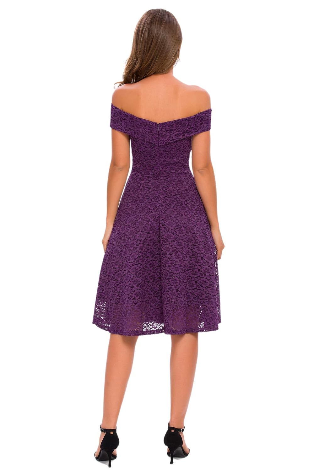 no label purple lace Bardot evening occasion a-line knee length dress M (Uk 10-12)
