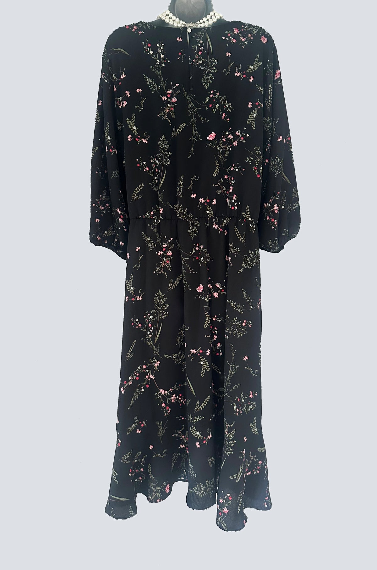 Anthology black floral elasticated waist 3/4 sleeve calf length dress size 28