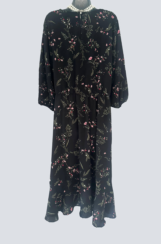 Anthology black floral elasticated waist 3/4 sleeve calf length dress size 28