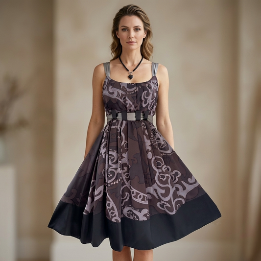 Mink Bikini 100% silk grey/brown printed belted occasion knee length dress  12