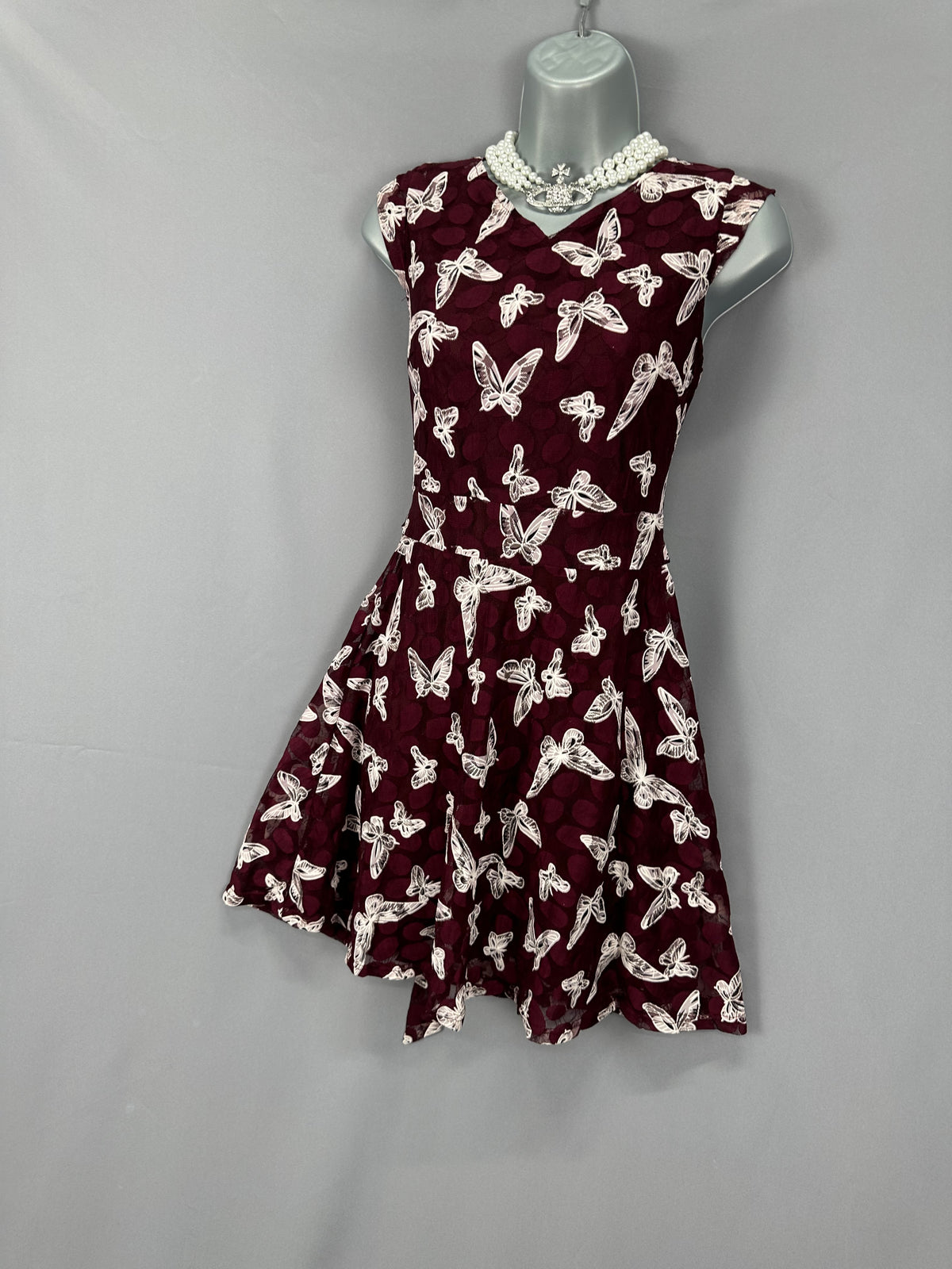 Stunning Mela London white/ burgundy netted butterfly sleeveless party a-line short dress uk 10