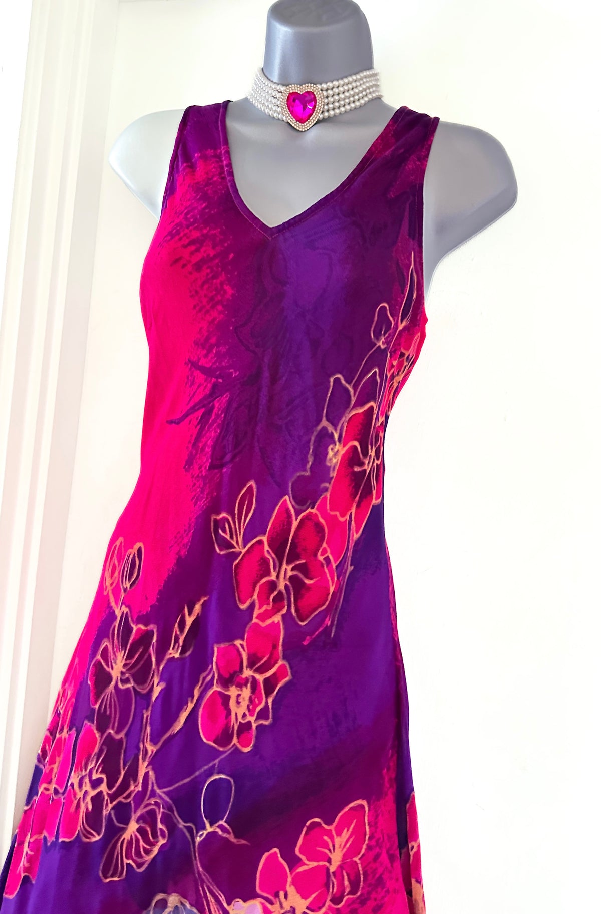 Adini pink/purple floral printed sleeveless summer boho calf length dress size M (Uk 14)