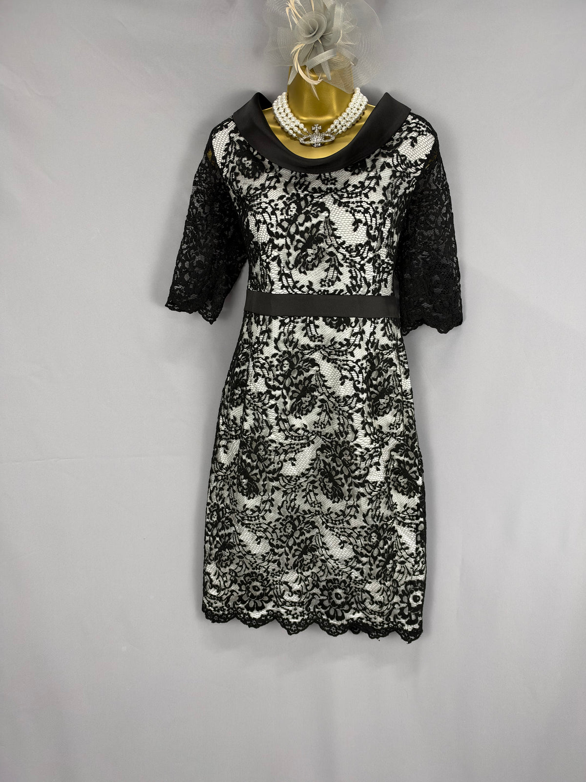 Stunning Izabella black & white lace cowl neck mother of the bride/groom wedding guest  dress uk 12