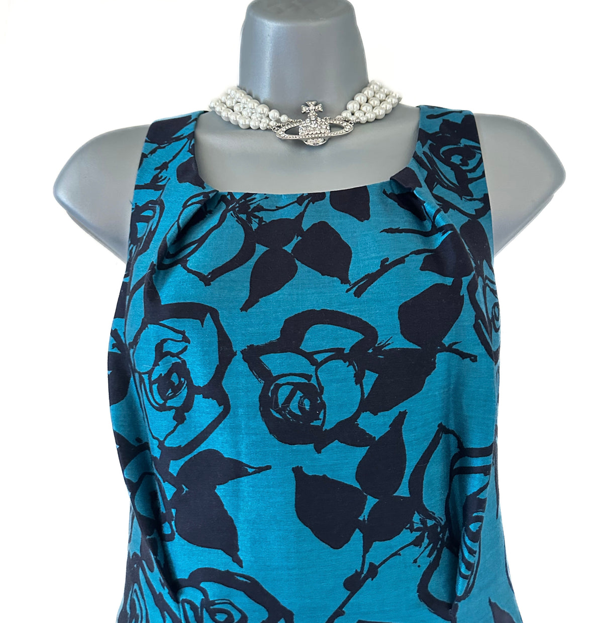 LK Bennett turquoise floral wool/silk sleeveless occasion knee length dress size 10