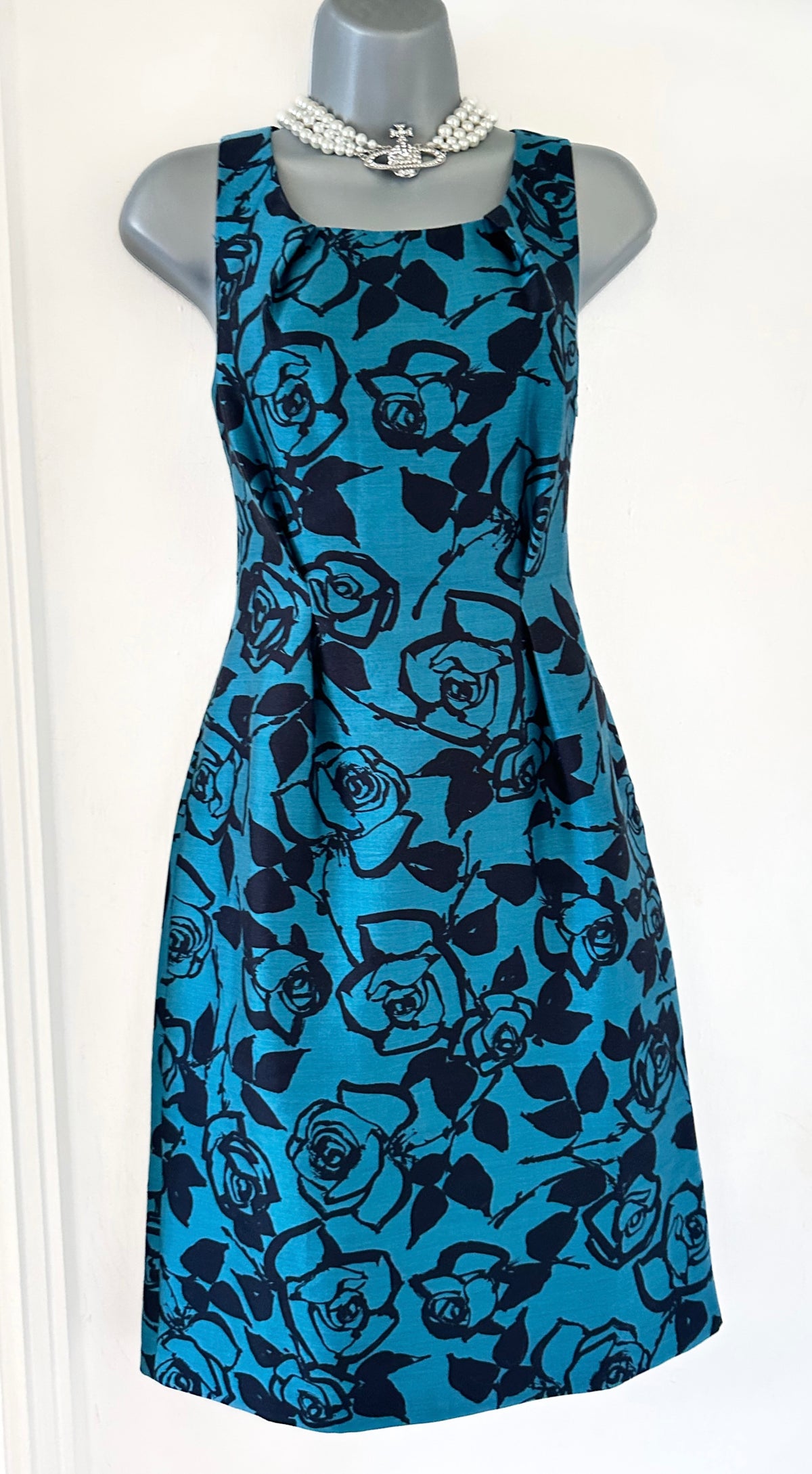 LK Bennett turquoise floral wool/silk sleeveless occasion knee length dress size 10