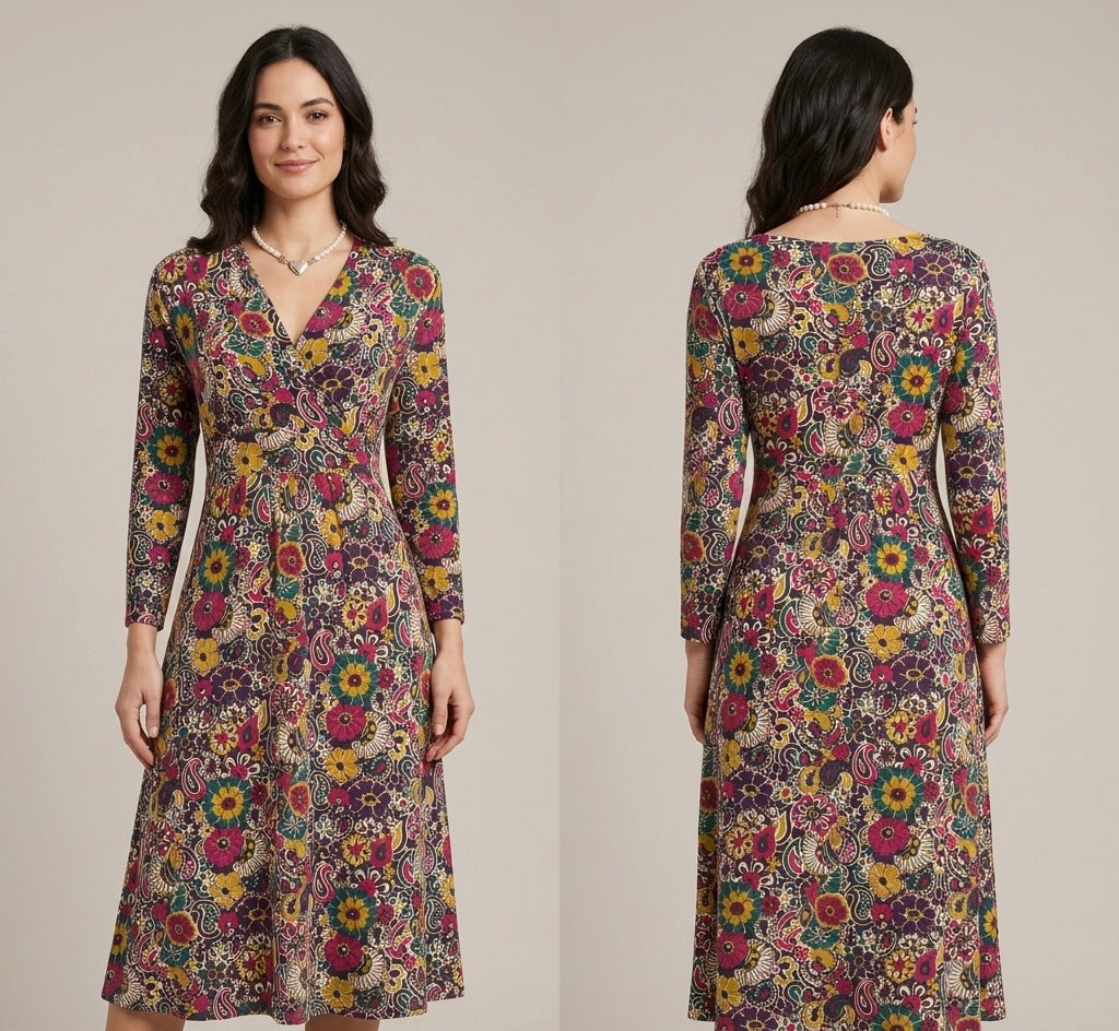 Elegant East multi print v-neck a-line 3/4 sleeve casual knee length dress uk 12