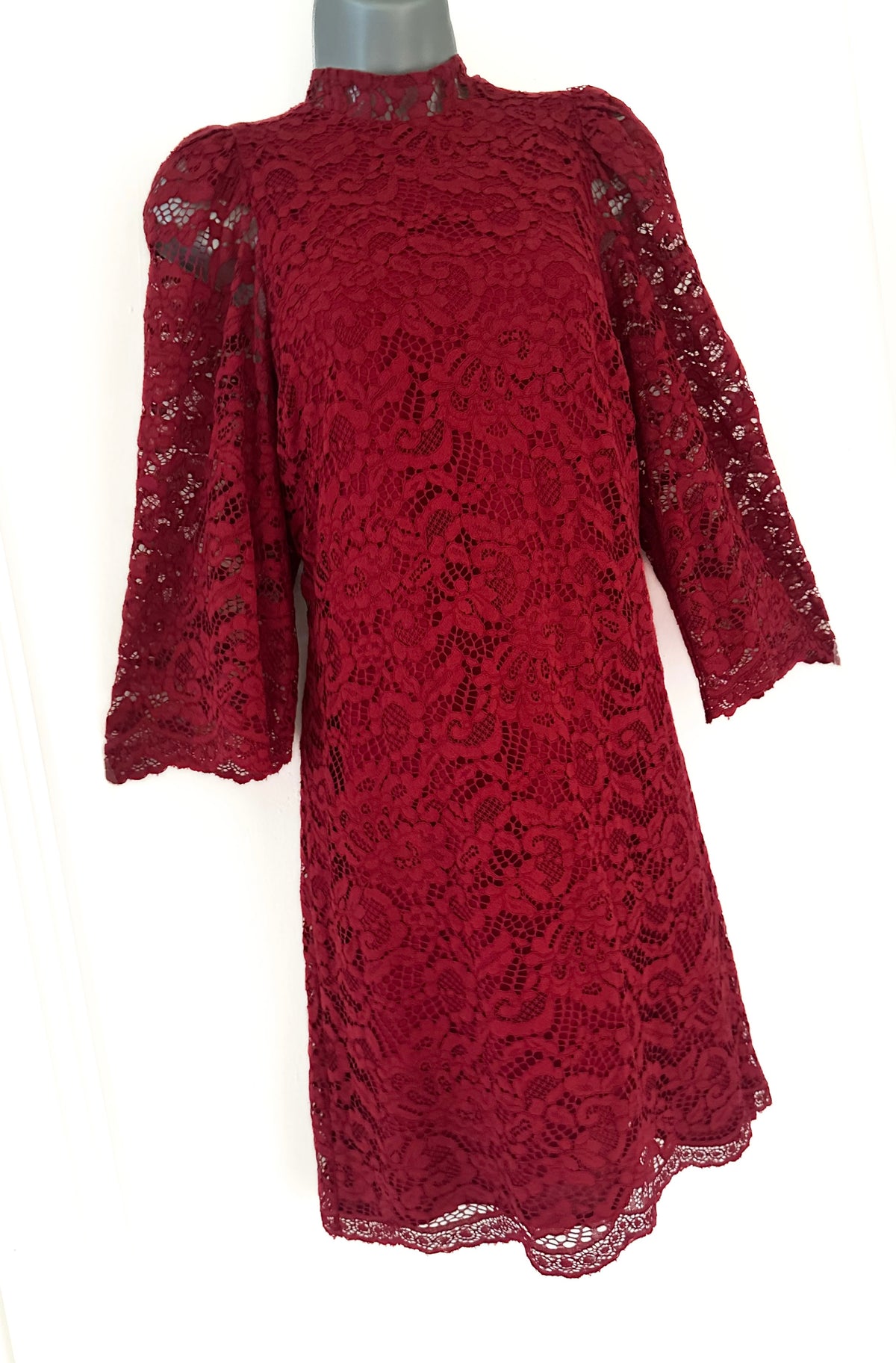 Biba dark red lace slight puff 3/4 sleeve above knee evening party dress size 10