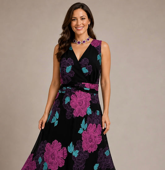 Rocha John Rocha Debenhams 56%silk black multi floral occasion over the knee dress 16