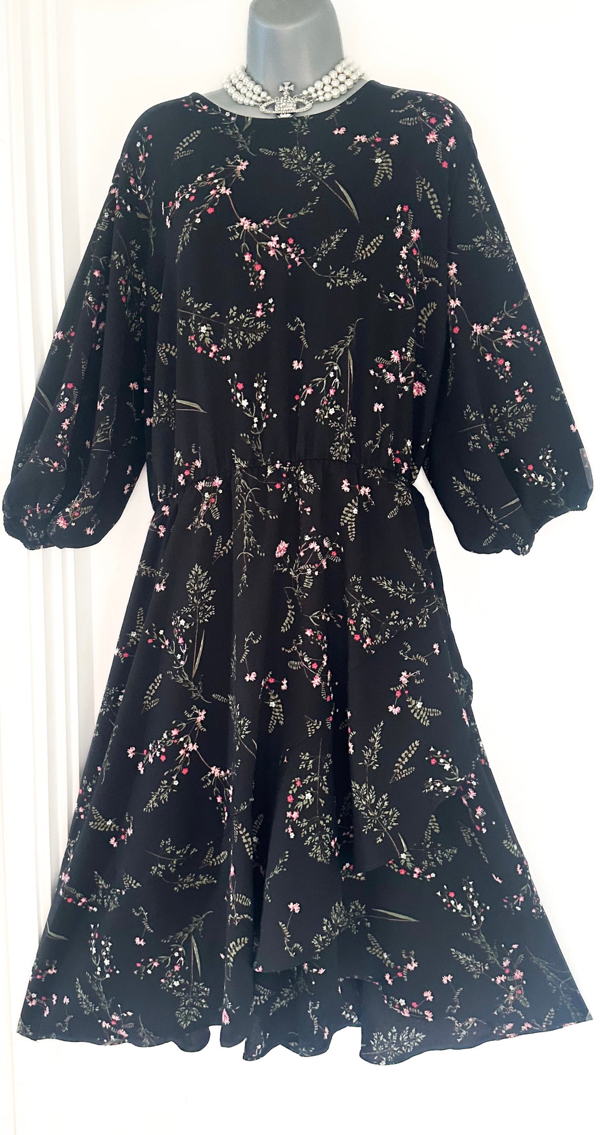 Anthology black floral elasticated waist 3/4 sleeve calf length dress size 28