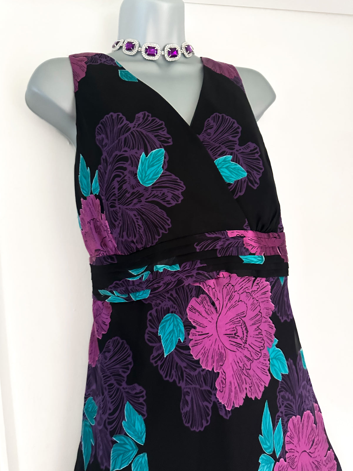 Rocha John Rocha Debenhams 56%silk black multi floral occasion over the knee dress 16
