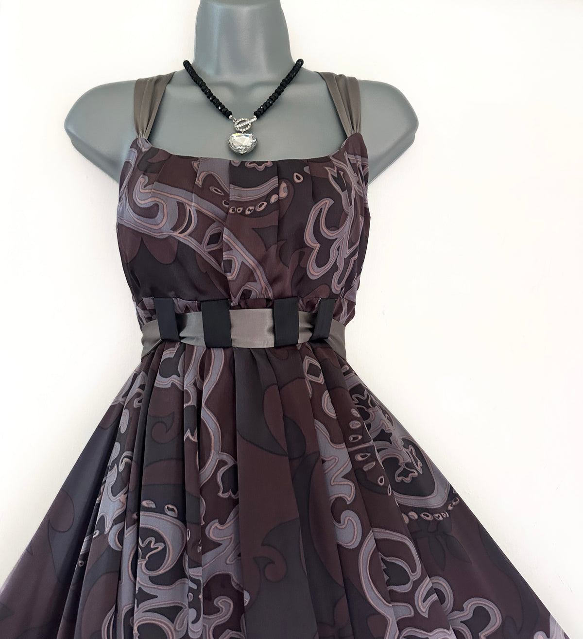 Mink Bikini 100% silk grey/brown printed belted occasion knee length dress  12