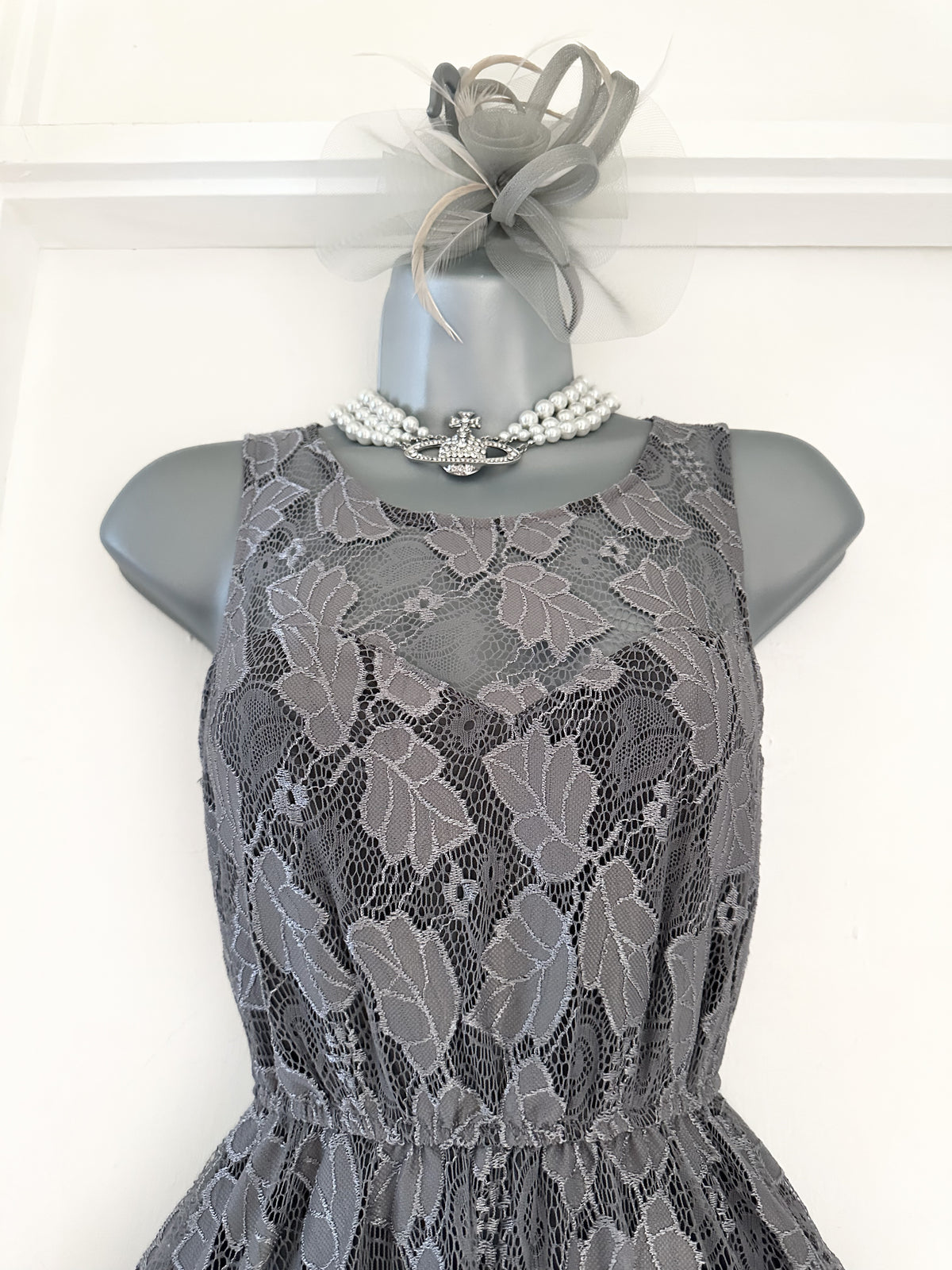 Mela London grey lace elasticated waist sleeveless a-line short occasion dress 8