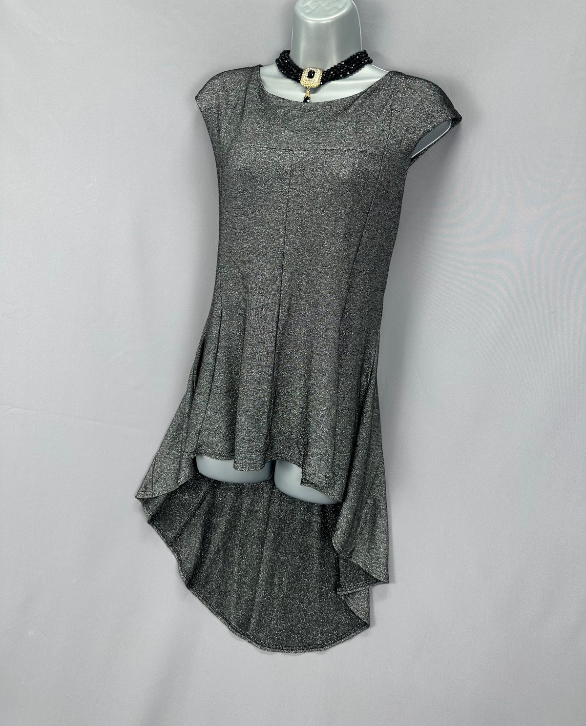 Stunning Miss Selfridge silver & black metallised thread party occasion asymmetrical long top uk 16