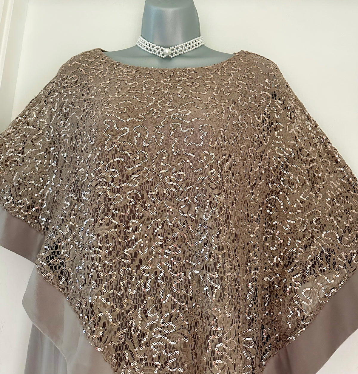 R&M Richard’s mushroom sequin cape style occasion mother of the bride knee length dress size 16