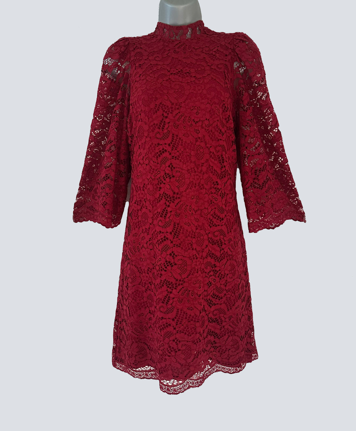Biba dark red lace slight puff 3/4 sleeve above knee evening party dress size 10