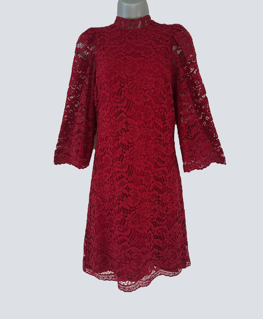 Biba dark red lace slight puff 3/4 sleeve above knee evening party dress size 10