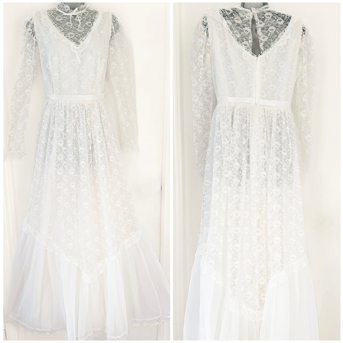 Vintage no label  approx 1980s white lace wedding long dress size 12
