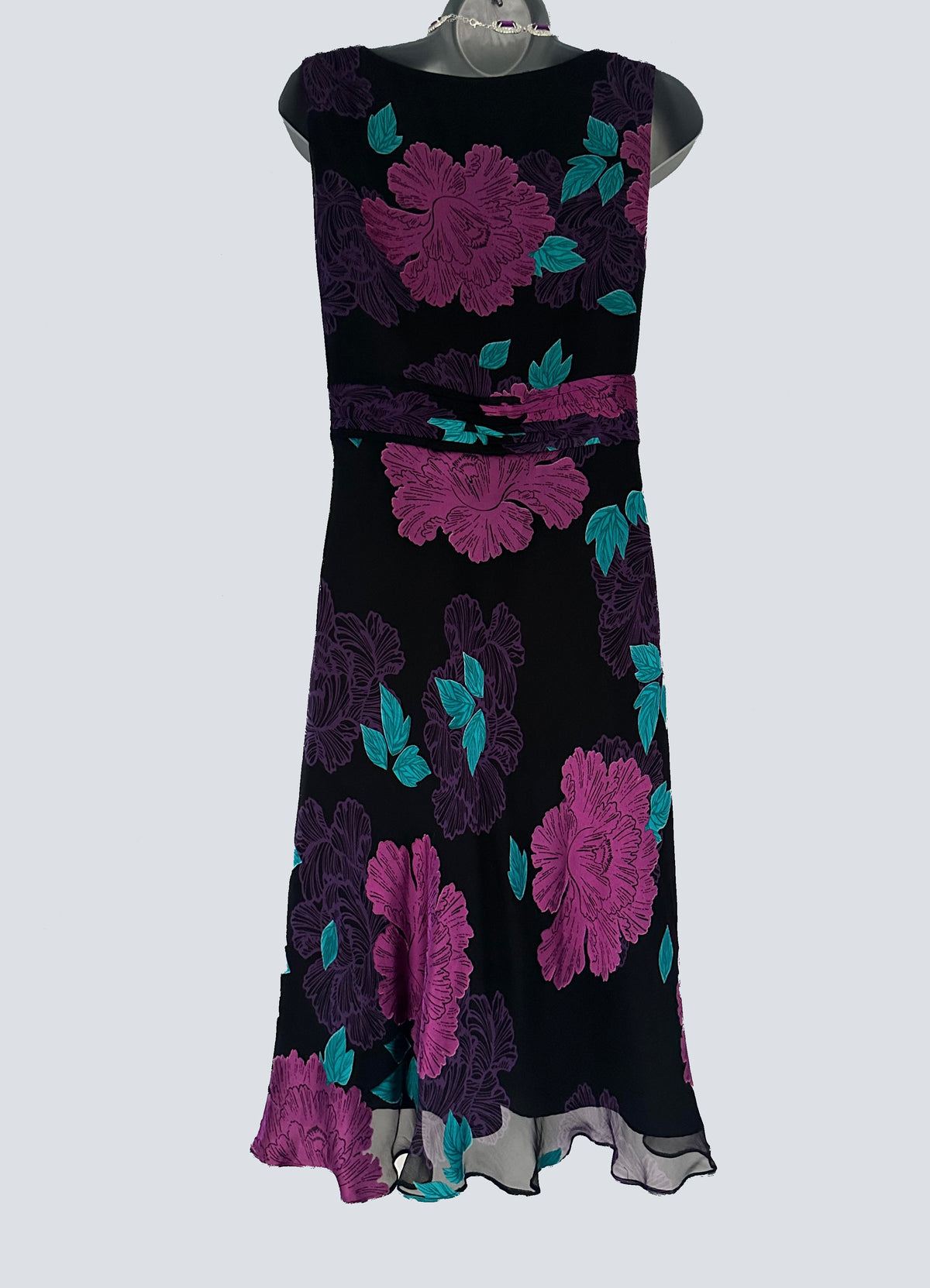 Rocha John Rocha Debenhams 56%silk black multi floral occasion over the knee dress 16