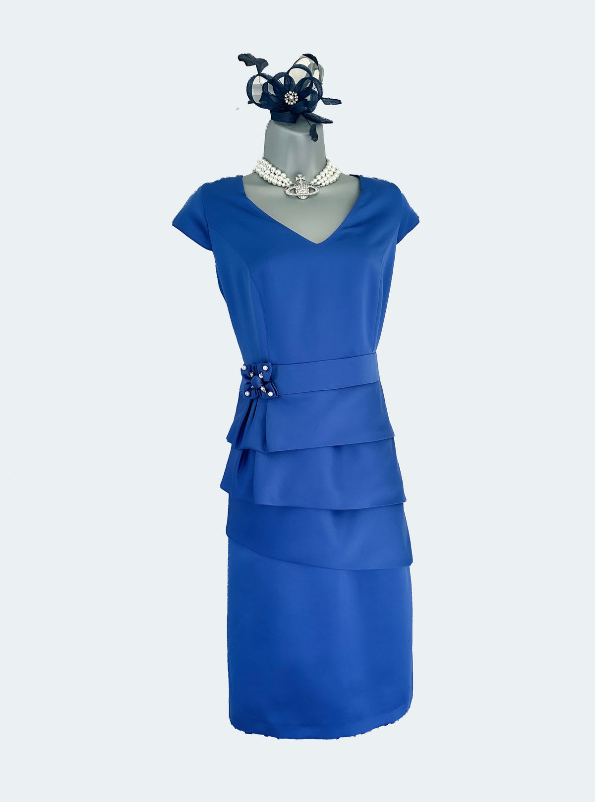 Ella boo blue wedding layered/jewel bow detail cap Sleeve Knee Length Dress 14