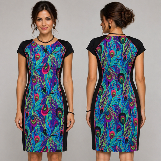 Definitions black multi peacock feather slim fit occasion above  knee dress 10