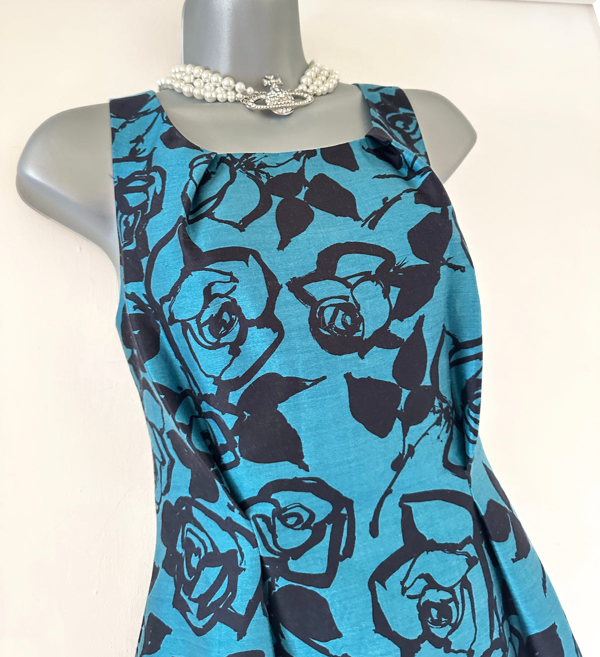 LK Bennett turquoise floral wool/silk sleeveless occasion knee length dress size 10