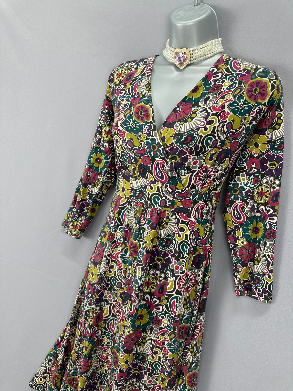 Elegant East multi print v-neck a-line 3/4 sleeve casual knee length dress uk 12