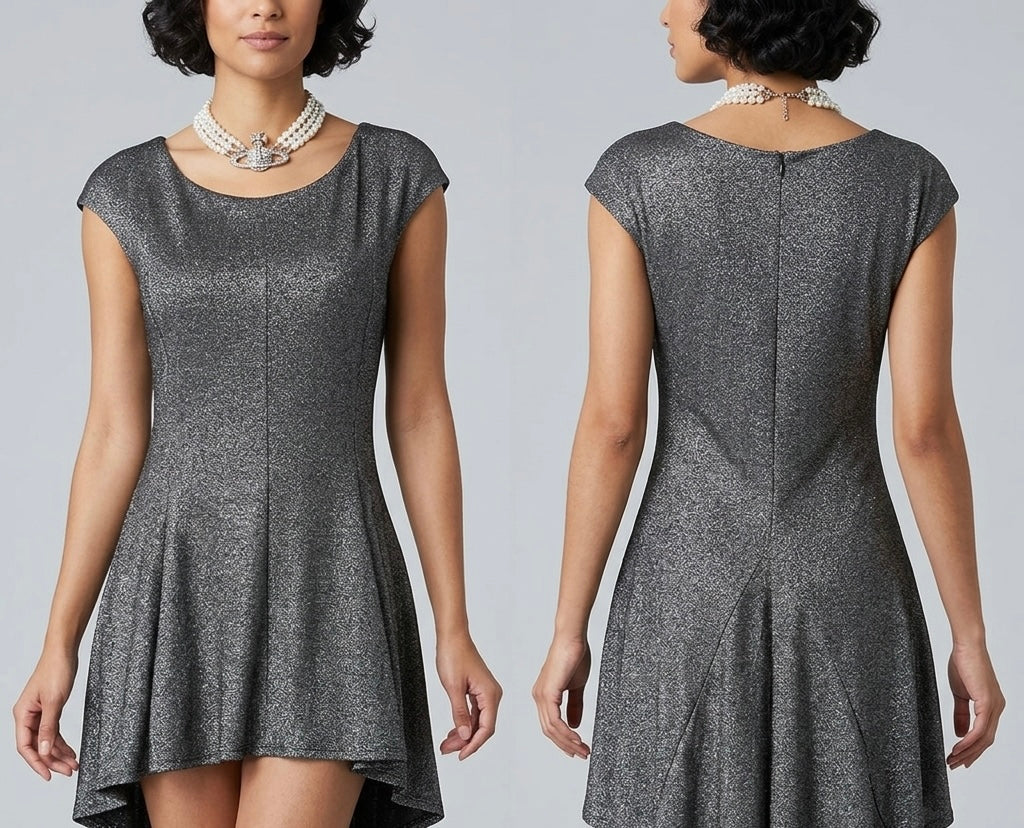 Stunning Miss Selfridge silver & black metallised thread party occasion asymmetrical long top uk 16