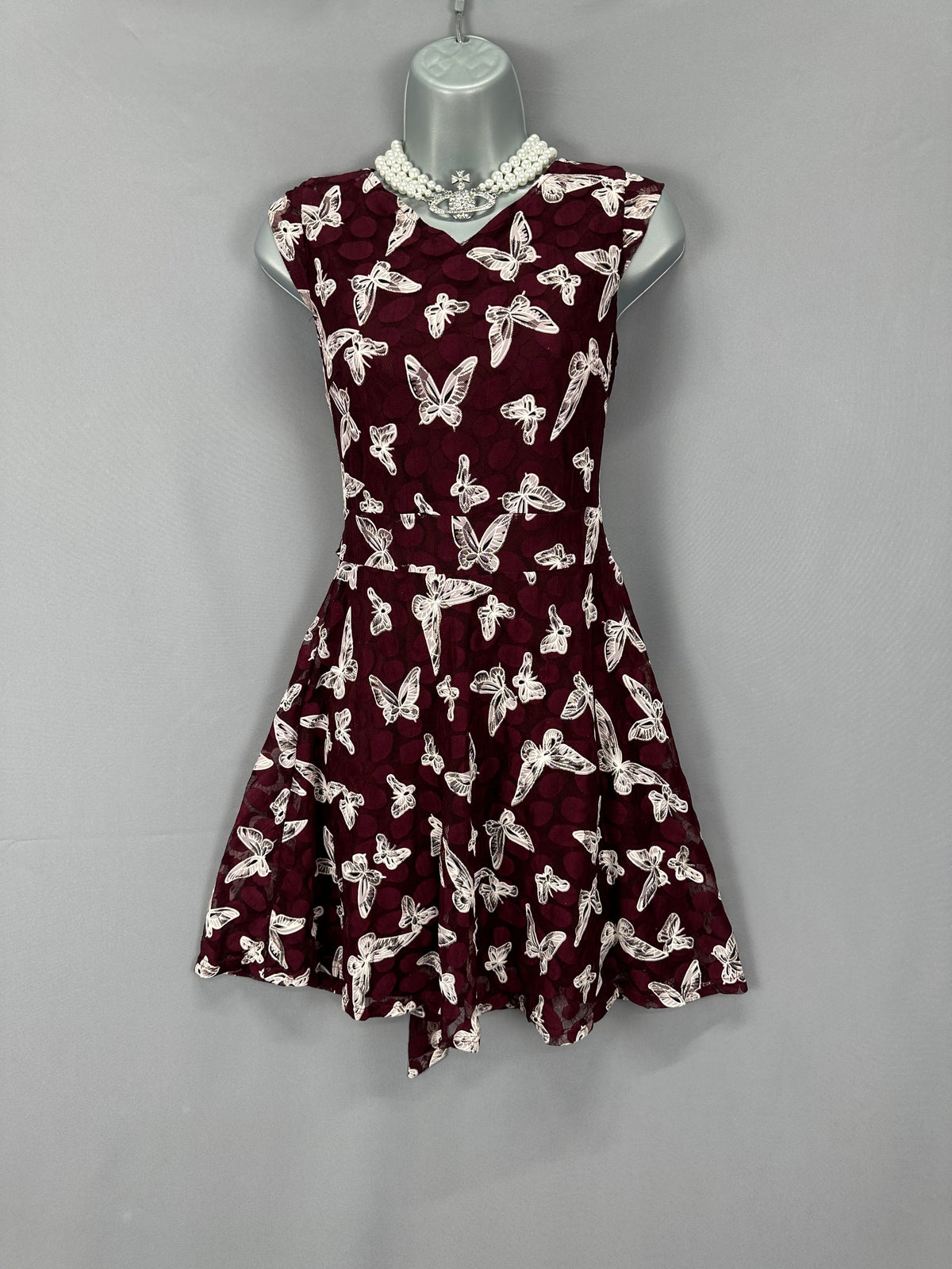 Stunning Mela London white/ burgundy netted butterfly sleeveless party a-line short dress uk 10