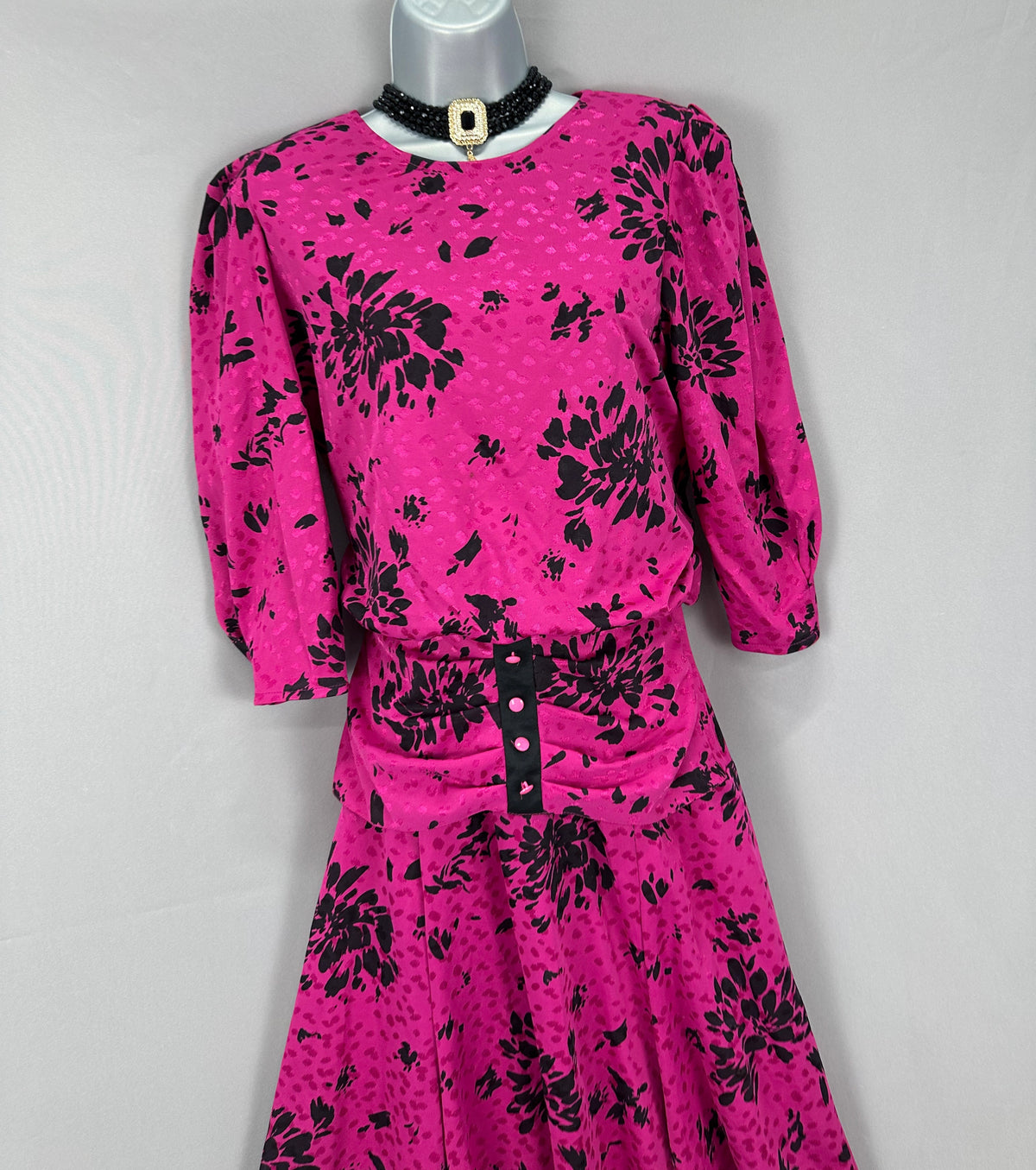 Shelana vintage magenta & black floral drop waist approx late 80s formal calf length dress uk 10