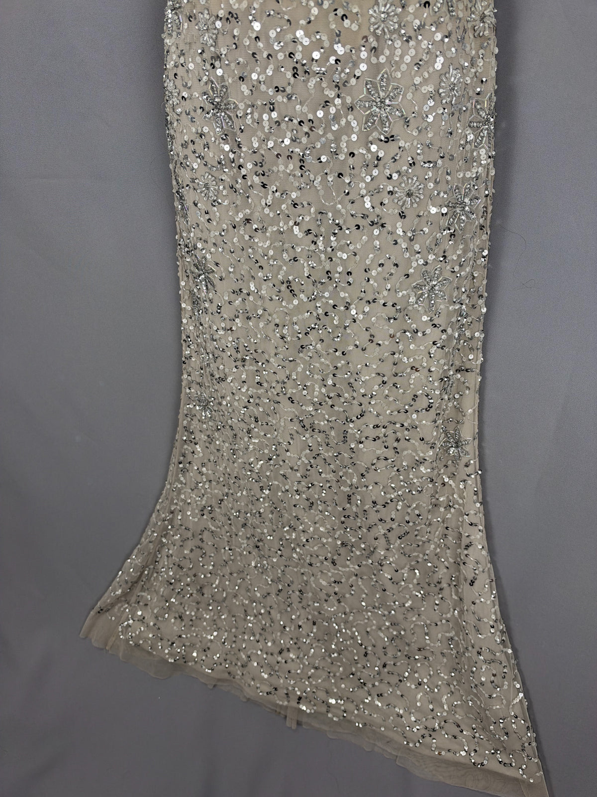 Beautiful Adrianna Papell mushroom sequin Christmas mother of the bride groom long dress uk 6-8