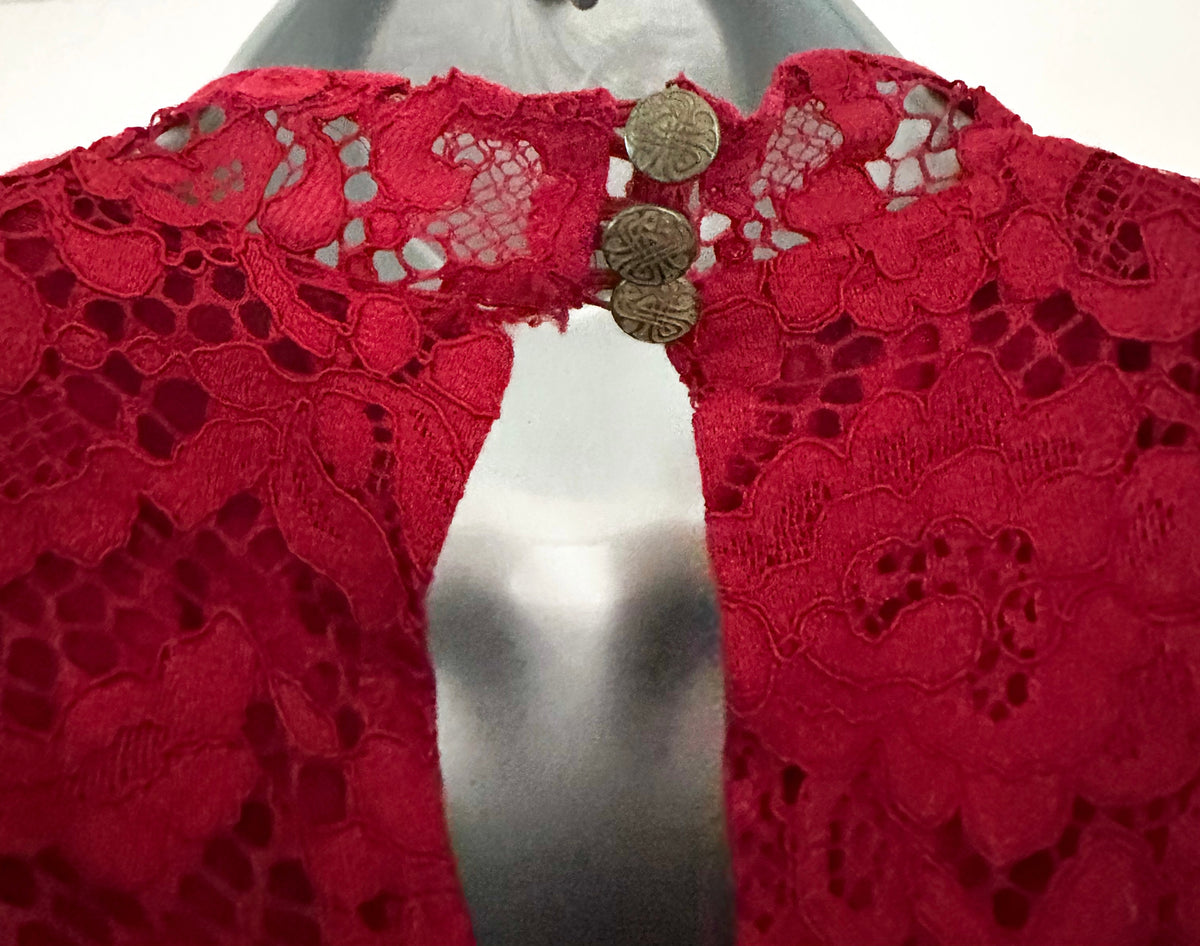 Biba dark red lace slight puff 3/4 sleeve above knee evening party dress size 10